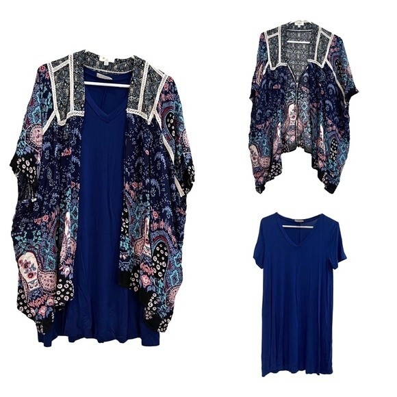 Umgee boho kimono wrap and Everly navy V-neck dress size large - Picture 1 of 12